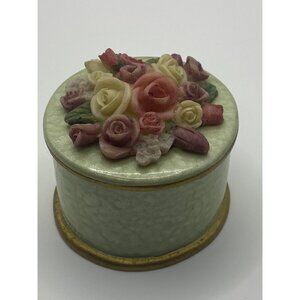 Handcrafted Dezine Floral Ceramic Trinket Box With Lid - Pastel Roses & Gold Tri
